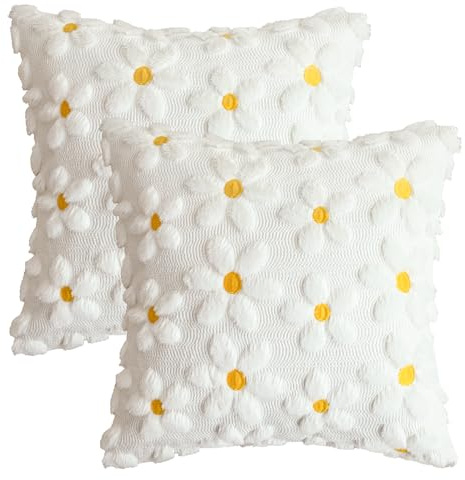 Artoid Mode Cream White Soft Plush Faux Fur Daisy Spring Cushion Covers Set of 2, 45x45 cm Decorative Pillow Case Cover Sofa Living Room Decor