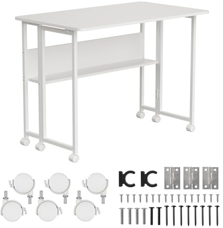 Maclean MC-126 Escritorio Plegable con Estante y Ruedas | Tablero de 100x58 cm | Capacidad de Carga de 50 kg | Plegado Rápido | Mesa Móvil Compacta para Teletrabajo, Estudio, Oficina en Casa (Blanco)