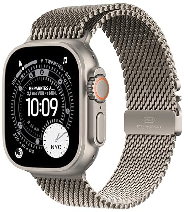 Apple Watch Ultra 3 GPS + Cellular 49 mm Premium Smartwatch für Lauftraining und Kombinationssport mit robustem Titangehäuse in Natur und Milanaise Armband in Natur (Small)