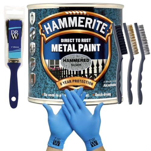 DRW Hammerite Direct to Rust Metal Paint Hammered Silver 250ml 1 Paint Brush, 3 Wire Brush Set & Free Nitrile Gloves | Durable Rust Protection for Indoor & Outdoor Metal