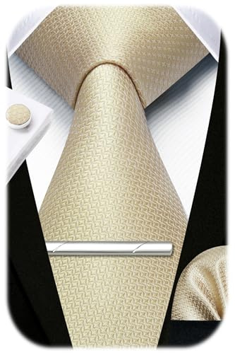 HISDERN Herren Hochzeit Krawatten und Einstecktuch Krawatte Plaid Manschettenknöpfe-Krawattenklammer-Set