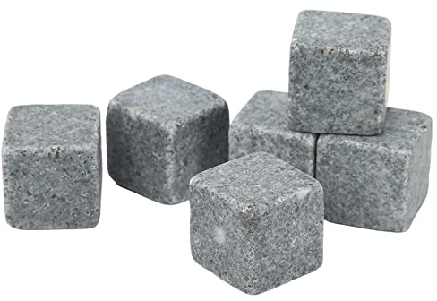 OVAQUIXI Granit-Whisky-Steine-Set, 6 Kühlsteine ​​mit Flanell-Aufbewahrungstasche, 2 Cm Große Würfel für Wodka-Gin-Wein, Getränkekühler ohne Verdünnung (6)