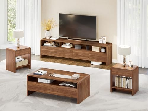 AMERLIFE 4-Piece Living Room Furniture Set, 70 TV Stand for TVs up to 80, Coffee Table & 2 End Tables, Modern Table Set with Large Drawers & Curved Edges, Brown