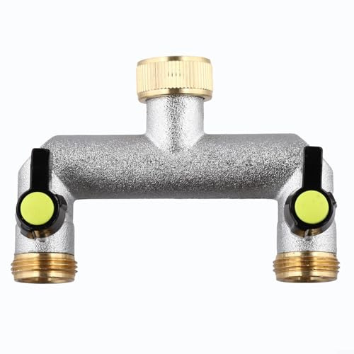 Distributore d'acqua a 2 vie a T in ottone con valvola a sfera, splitter per rubinetto da giardino da 3/4 di pollice per irrigazione esterna, adattatore connettore per tubo flessibile resistente per