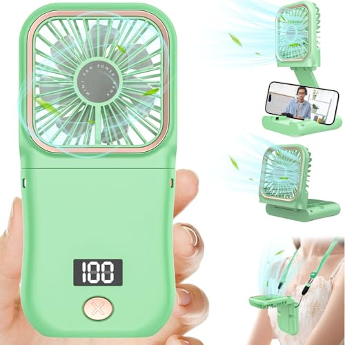 Kouric Portable Fan Handheld Rechargeable,4000mAh Up 7H,3-Speed & Battery LED Display,Quiet Personal Mini Pocket Fan with Power Bank,4-in-1 Hands-Free Wearable Desk Fan for School,Garden,Fishing,Green