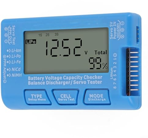 CellMeter 8 LCD Battery Tester, Measures Voltage for LiPo, LiFe, NiMH, and NiCd Batteries, Discharge Current 1A, for RC Hobbyists (blue)