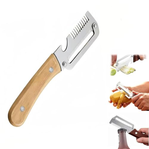 Multifunctional 2-in-1 Kitchen Tool Stainless Steel Peeler with Wooden Handle Shredder and Bottle Opener for Fruits Vegetables