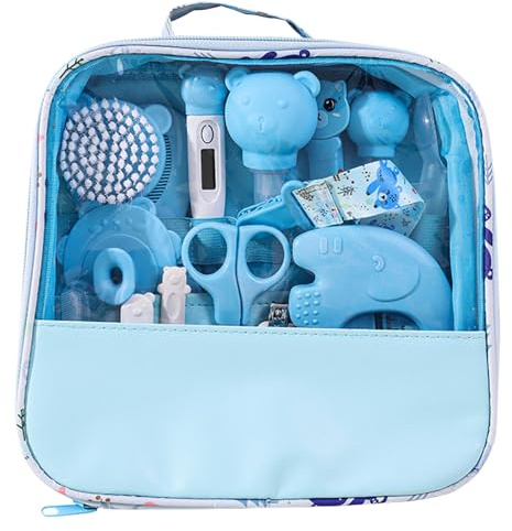 Liemuao Baby Care Kit, set med 15 tillbehör inklusive hårborste, digital termometer, badtermometer, liten nagelklippning, babytoalettväska för hemresor (blå)