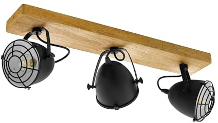 EGLO Deckenlampe Gatebeck, 3 flammige Deckenleuchte Vintage, Industrial | Retro, Deckenstrahler aus Stahl in Schwarz und Holz in Natur, Wohnzimmerlampe, Küchenlampe mit E14 Fassung