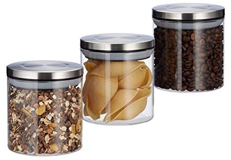 Relaxdays Tris di Barattoli per Conserve, Set da 3, 380 ml, Ermetico, Coperchio in Acciaio Inox, Riso & Tè, Trasparente