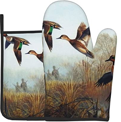Ensembles de Gants de Four et de maniques imprimés Flying Wild de Chasse, lavables et résistants à la Chaleur Gants de Four antidérapants pour Micro-Ondes, Barbecue, Cuisson, grillades