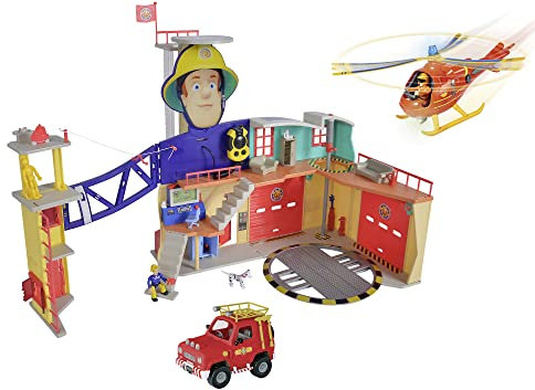 Simba 109252613 - Mega XXL Feuerwehrmann Sam Station - Feuerwehrstation mit Hubschrauber Wallaby, 4x4 Feuerwehr-Auto (rot) und Figuren von Sam, Tom & Penny, Spielzeug für Kinder ab 3 Jahre
