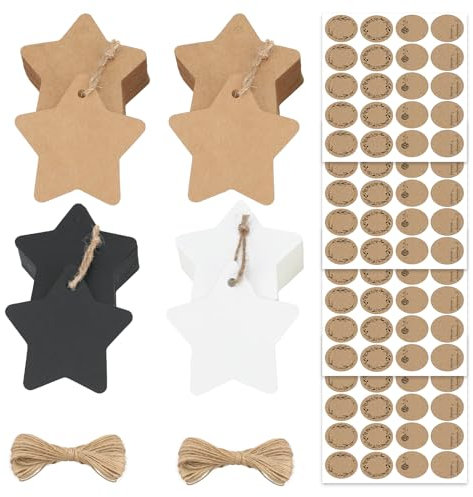 Weihnachten Etiketten, 200 Stück Stern Geschenkanhänger Kraftpapier, Stern Geschenk Anhänger, Kraftpapier Anhänger Etiketten Geschenkanhänger mit 20m Schnur und Aufkleber Weihnachten 80 Sticker