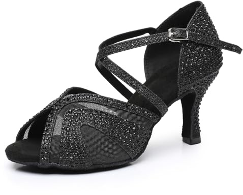 Rosefinch Scarpe da Ballo Latino da Donna Salsa Performance Strass Scarpe da Ballo Matrimonio Party Nero 7cm Tacco 35EU