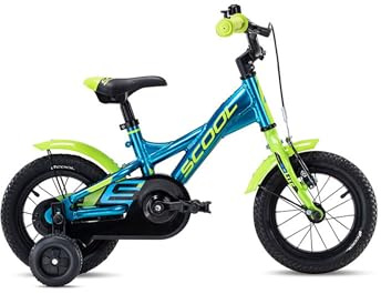 S'COOL XXlite 12 Zoll Kinderfahrrad 1 Gang, Alu Rahmen, tiefer Einstieg, Stützräder, Rücktrittbremse + V-Brake, geschl. Kettenschutz, für Mädchen & Jungen, 95–103 cm, 2–3 Jahre, Blue/Lime