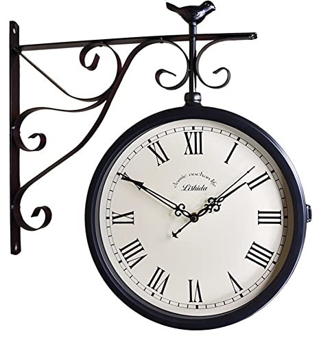 LYOUAE Antik Retro Bahnhofsuhr Doppelseitige Uhr im Freien, Retro-Zentralstationuhr, for Terrasse, Garage, Pool, Lanai, Zaun, Haus, Wohnzimmer, antike Bahnhofsuhr zweiseitige Uhr Wanduhr Doppelseitig