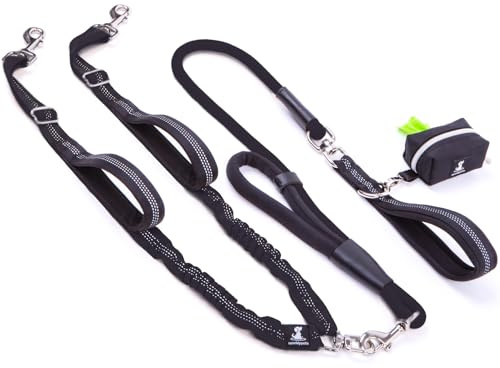 Premium Doppel-Leine für Zwei Hunde - Stoßdämpfende Anti-Zieh-Doppelleine für mittlere & große Rassen mit Verstellbarer Doppel-Leinenbefestigung für 2 Hunde