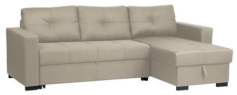 Totò Piccinni Divano Angolare ROMA 3 Posti con contenitore e cassettone in tessuto imbottito con braccioli (Beige)