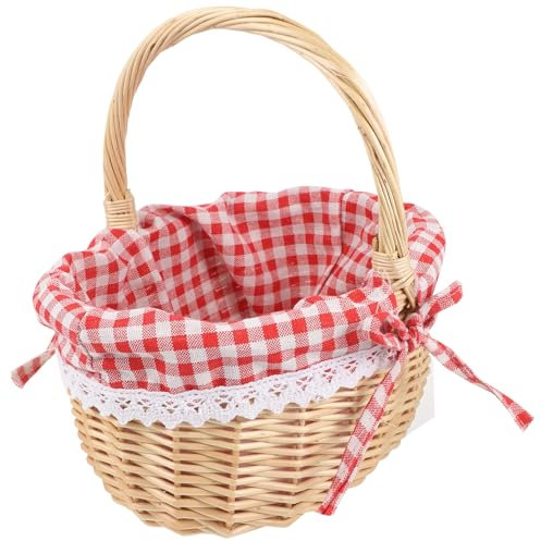 MAGICLULU Picknickkorb Aus Weidengeflecht Mit Einlage Ovaler Weidenkorbgriff Blumenmädchenkorb Picknickkorb Im Vintage- Gewebter Leerer Geschenkkorb Für Picknick Camping Rot A