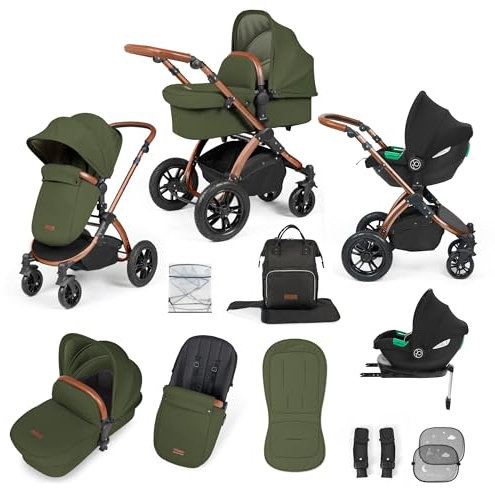 Ickle Bubba Stomp Luxe 12-Piece Travel System with i-Size Cirrus Car Seat & ISOFIX Base – All-Terrain Pram, Reversible Seat, UPF 50+ Hood, Rain Cover & Accessories (Bronze/Woodland/Tan)