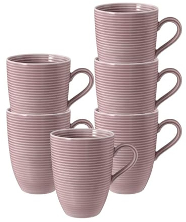 Seltmann Weiden Beat Color Glaze Becher mit Henkel 6er Set, 350 ml, Kaffeebecher mit Rillen-Relief, Porzellan, Altrosa