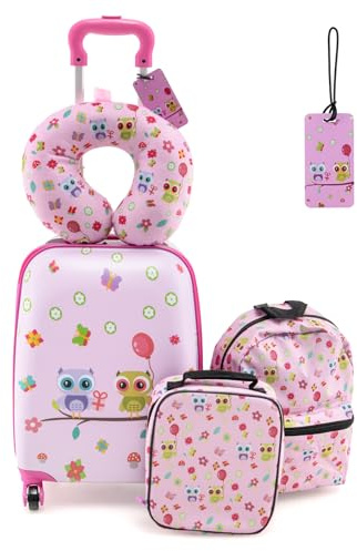 SOARS 5tlg. Kinderkoffer Set, 16” Kindertrolley mit Rucksack, Nackenkissen, Lunchtasche & Kofferanhänger, Kindergepäck mit Rollen & Teleskopgriff, Reisekoffer Kinder Jungen & Mädchen (Eule)
