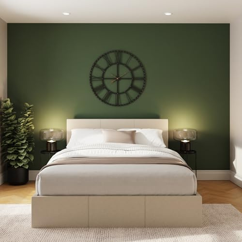 GFW End Lift Double Natural Upholstered Fabric Ottoman Bed Frame, Storage Bed with Hydraulic Lift and Stitched Headboard