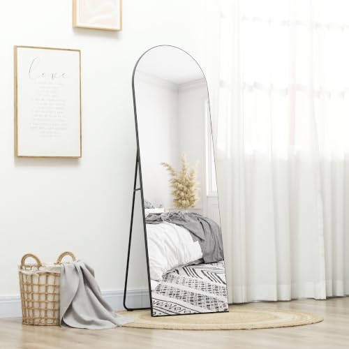HOMCOM Ganzkörperspiegel 150 x 50 cm Wand- & Standspiegel Schwarz | Bruchsicheres Glas, Gewölbt, Groß Spiegel, Bodenspiegel, Ankleidespiegel, Wohnzimmer, Schlafzimmer, Flur