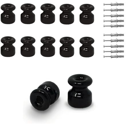 10 Isolatori/Fermacavo per cavi trecciati da soffitto o parete. Disponibili in colorazioni bianco o nero. Completo di viti e tasselli per un'installazione facile e immediata (Nero)