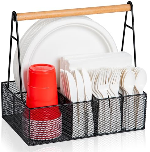 Paper Plate Organizer with Handle for Countertop, Metal Silverware Caddy for Cup, Napkin, Fork and Spoon, Paper Plate and Utensil Holder, Cutlery Caddy for Party, Camping, Picnic (Black)