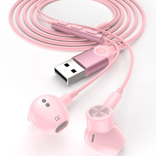 ACAGET USB Earphone for PC USB A Headphones Laptop Headset with Microphone | Anti-slip Earbud Cover with Earhook, 7.5 Ft/2.3M, Wired In-ear Computer Earphones for Dell for Surface for hp for Women Girls