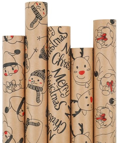 WRAP STORM Geschenkpapier Weihnachten – 5 Rollen (43cm x 3m) – Schwarzes & Süßes Vintage Kraftpapier für Feiertage