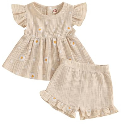 XIXIMAON Cute Baby Girls Summer Outfits Daisy Floral Print Flying Sleeve Ruffle Shirt Tank Tops Ruffle Elastic Shorts Set 2pcs Toddler Girl Cotton Linen Set