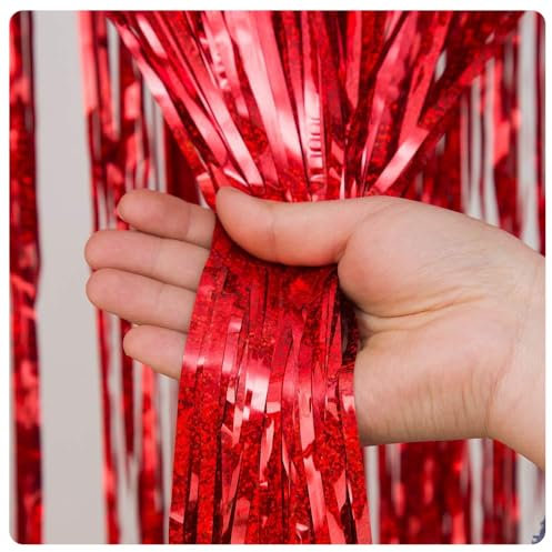 Rockreyoa 2 Stück Glitzer Party Vorhänge Metallic Lametta Vorhangs Glitzer Lamettavorhängen Gold Metallische Glitzervorhang Fringe Folien Fransen Hintergrund für Hochzeit Laser Rot 100 * 100cm