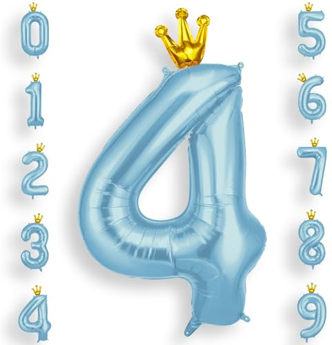 AOOSU Zahlen Luftballon Geburtstag 4 Blau, 40 Zoll Geburtstagsdeko Ballon 4, Riesige Folienballon 4 mit Krone für Mädchen Jungen Geburtstagsparty Deko, Jubiläum 4 Jahre Deko