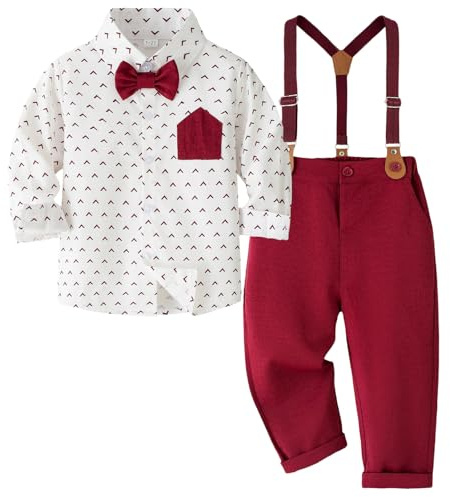 Yaopelky Bambino Ragazzo Abito Formale Set Gentiluomo Abiti Camicia a Manica Lunga con Papillon Bretella Pantaloni Ragazzi Abiti da Sposa, Rosso, 4-5 Anni
