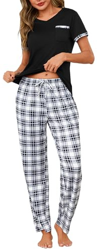 Jahetuul Pyjama Femme en Coton 2 Pièces Manches Courtes à Carreaux | Coton doux, manches courtes, poches pratiques, à carreaux pour la nuit, la détente et les moments à la maison.