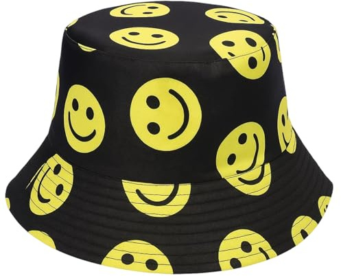QhgPnt Oasis Bucket Hat, Reversible Double-Sided Festival Hat with Black Smiley Print, Sun Protection Outdoor Hat for Hiking, Fishing, Beach, Travel, and Daily Wear