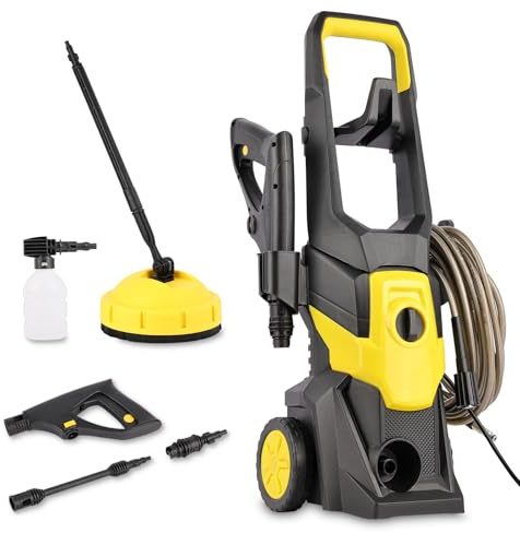 Nettoyeur Haute Pression 2000W 110Bar, 5.5L/Min avec Lance Télescopique, Brosse de Sol, Tuyau 10m, Réservoir Mousse pour Voiture Terrasse Jardin