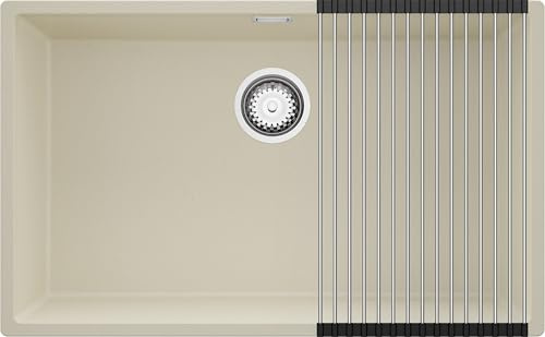PRIMAGRAN Fregadero bajo Encimera al Mueble 80cm + Kit de desagüe, 76x47cm | Set: Kit de desagüe (sifón, válvula, rebosadero) + Enrollable Escurridor + London 1 Seno para Cocina, Beige