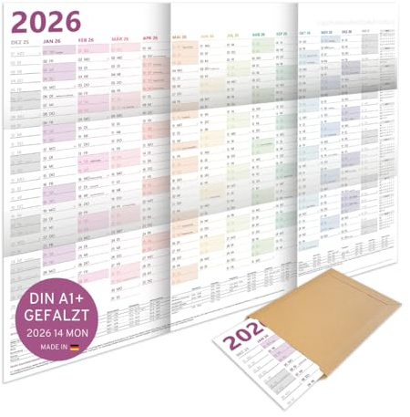 PuK Krämmer GmbH XXL Wandkalender 2026 A1+ GEFALZT 89 x 63 cm | 14 Monate mit Ferien & Feiertagen (Nov 25–Dez 26 + Jan 27) | inkl. Übersicht 2027 | Bunter DIN A1+ Planer | Kalender groß, Wandkalender