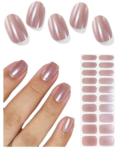 AutyaMee Semi Cured Gel Nail Strips (Chrome Lotus Root), Pearl, Glazed, 20 Pcs Gel Nail Wraps, Stickers, UV Light Required, Salon Quality, Long Lasting