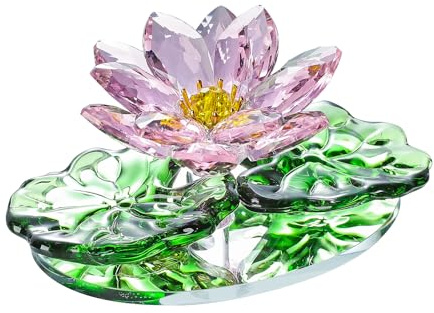 JATYFING Crystal Lotus Flower Figurine, Pink and Green, Decorative Glass Flower with Lily Pad