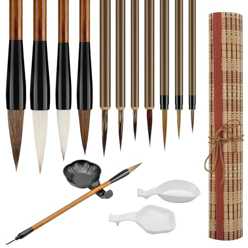 Linkstyle Pinceaux de Calligraphie Chinoise, Sumi Ensemble 11 Pinceaux à Pointe Fine avec 3 Coupelles à Encre pour Débutants Peinture Aquarelle Sumi-e