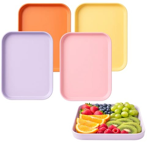 4 PCS Plastic Serving Trays, Small Tray,Colourful Non-Slip Trays for Kitchen, Cafe, Restaurant, Home & Office Use, 20 x 15 x 1.7 cm, Orange, Yellow, Purple, Pink, Reusable Plastic Serving Boards