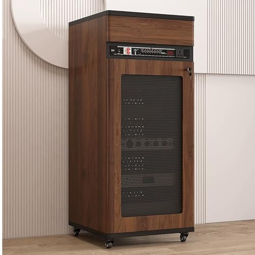 HOLGVE Audio Rack HiFi Regal, Fahrbarer Medienschrank mit Schublade Und Türschloss, AV-Schrank mit Kabeldurchführung, Audio-Rack Verstellbaren Einlegeböden, TV-Ständer(Brown,52x55x126CM)