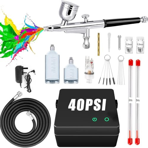 Airbrush Compressor Kit, 40PSI Dual Action Non-Clogging High-Pressure Air Brush Set with 0.2/0.3/0.5mm Nozzle for Nail Art, Model, Tattoo, Makeup, Cake, Include Cleaning Brushes Set
