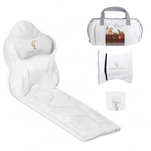 Cuscino Vasca da Bagno per Tutto il Corpo (126x41cm) – Cuscino Bagno con ventose e Poggiatesta (13cm); Supporta Collo, Schiena e Gambe – Incl. borse Lavaggio/Viaggio e Gancio Asciugatura – Bianco