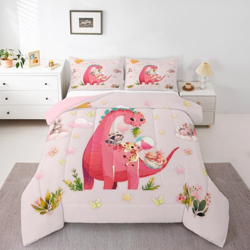 Loussiesd Söt dinosaurie sängkläder set alla årstider tecknat djur täcke set king size med 2 örngott djungel dino mikrofiber barn sängkläder fjäril andas mjuk lätt