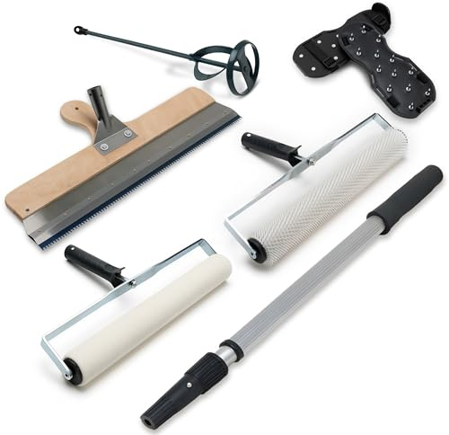 Werkzeug Set 6tlg für Epoxidharz Bodenbeschichtung & Ausgleichsmasse - Stehrakel, Entlüftungswalze, Nagelschuhe, Rührquirl, Bodenwalze und Teleskopstiel